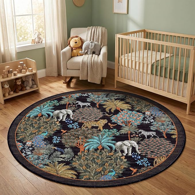 GarveeHome Jungle Round Washable Rugs 4ft Non-Slip Soft Round Rug - Image 8
