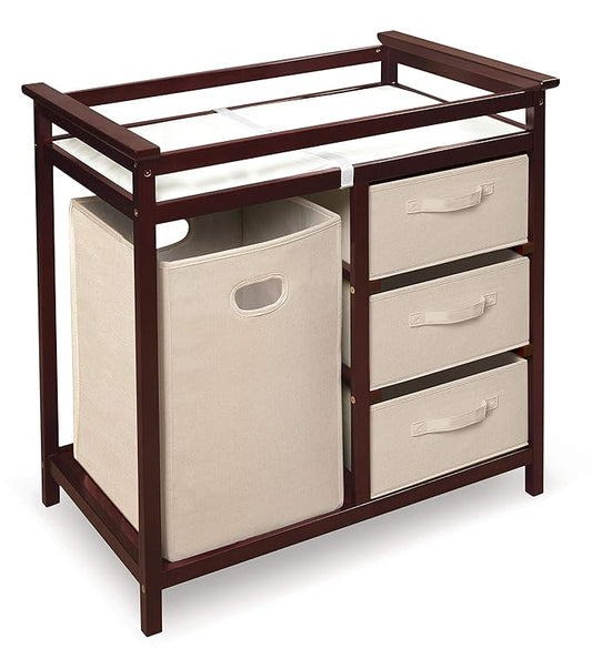Badger Basket Modern Baby Changing Table with Laundry Hamper, 3 Storage Drawers and Pad, Diaper Change Station - Cherry/Ecru