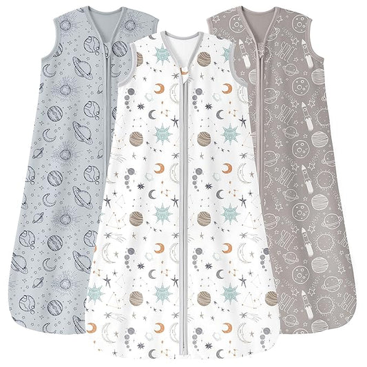 Baby Sleep Sack 18-24 Months 3 Pack 100% Cotton Lightweight 0.5 TOG Wearable Blanket Baby Sleep Bag with 2-Way Zipper for Newborn Infant White Gray Blue Space