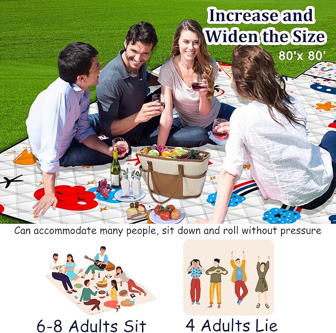 Poedist Extra Large Picnic Blanket Waterproof,80"x 80"Foldable Machine Washable Beach Blanket,Outdoor Blanket for 6-8 Adults,Suitable for Indoor Crawling,Park Beach,Camping,Hiking,Family Travel(Cute)