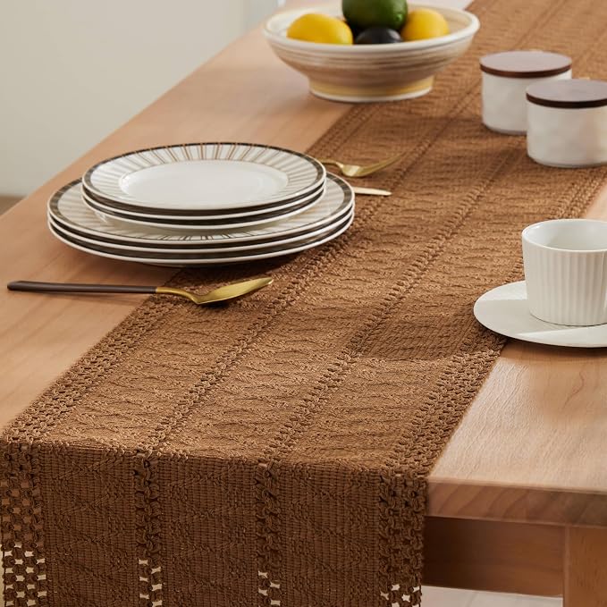 Macrame Style Boho Table Runner, 12x108 Inch Caramel | Woven Boho Table Runner - Image 5