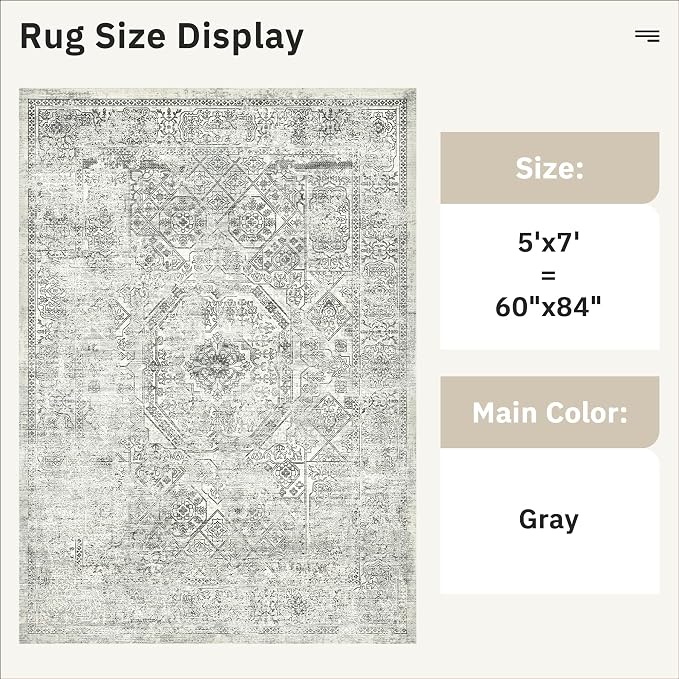 Soalmost 5x7 Area Rugs Grey Low Pile Indoor Washable Trendy Faded Style Floral - Image 3