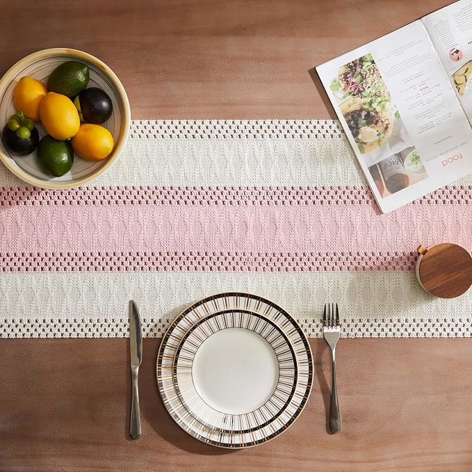 Macrame Style Bicolor Stitching Table Runner 14x90in Light Pink | Woven Boho - Image 4