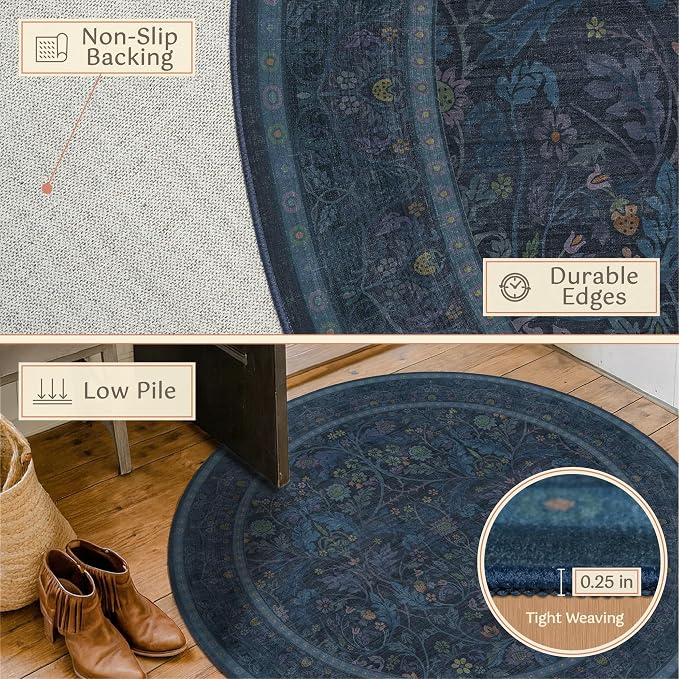 Navy Blue 5ft Round Rug for Living Room, Washable Floral Circle Rug, Vintage - Image 4