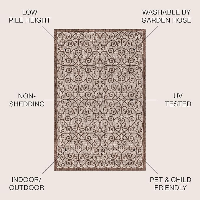 JONATHAN Y Vintage Filigree Indoor Outdoor Round Area Rug 9 Ft Taupe/Espresso - Image 3