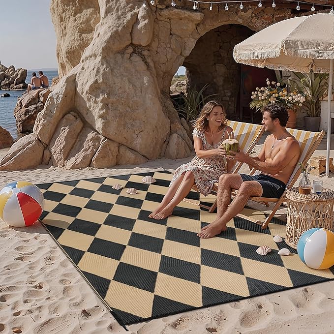 Outdoor Plastic Checkered Rug Waterproof Patio 5x8 Black Brown Diamond Geometry by WondRg