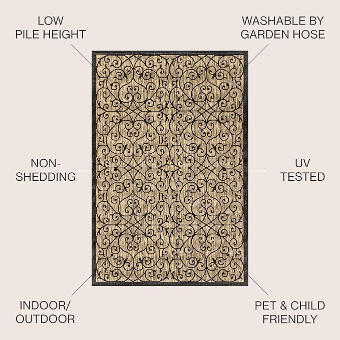 JONATHAN Y Vintage Filigree Indoor Outdoor Area Rug 8X10 Black/Khaki, Madrid - Image 2