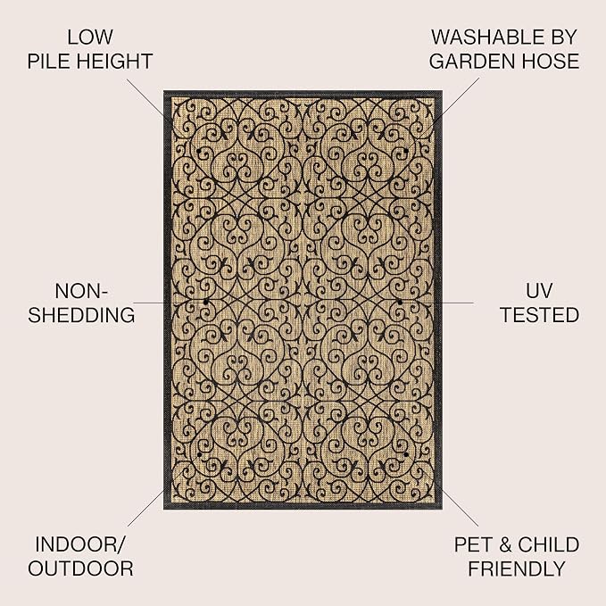 JONATHAN Y Vintage Filigree Indoor Outdoor Round Area Rug 3 Ft Black/Khaki - Image 2