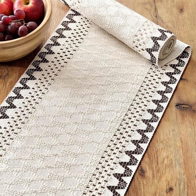Macrame Side Trim Boho Woven Table Runner, Chocolate 12x72 Inch | Crochet - Image 4