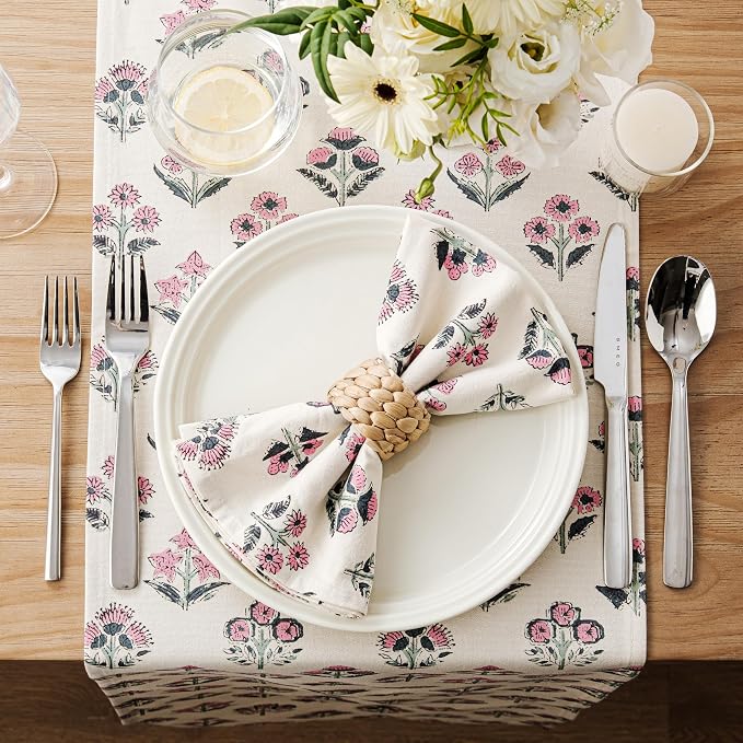 Block Print Floral Decorative Table Runners, 13x60 Inch Pink | 100% Organic - Image 3