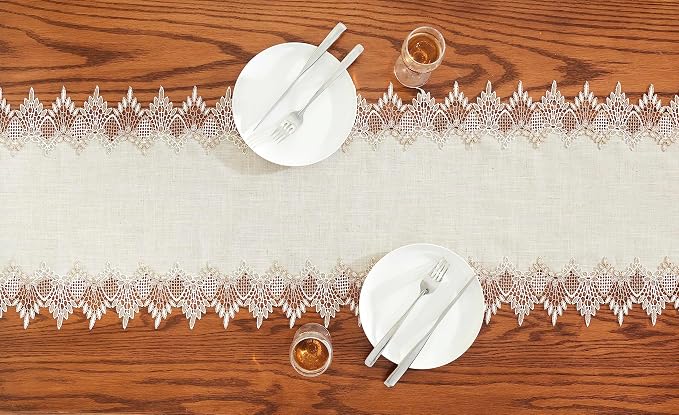 Natural Linen Table Runner 120 inches Beige Lace Coffee Table Runner | French - Image 7