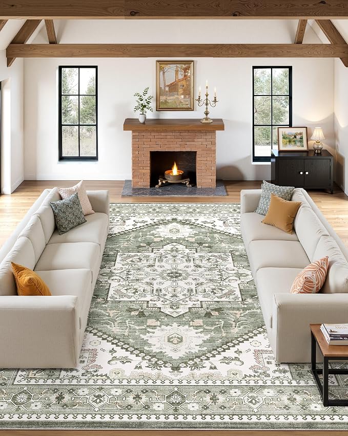 7x9 Vintage Area Rug: Washable Neutral Soft Non Slip Thin Large Floor Carpet - Image 3
