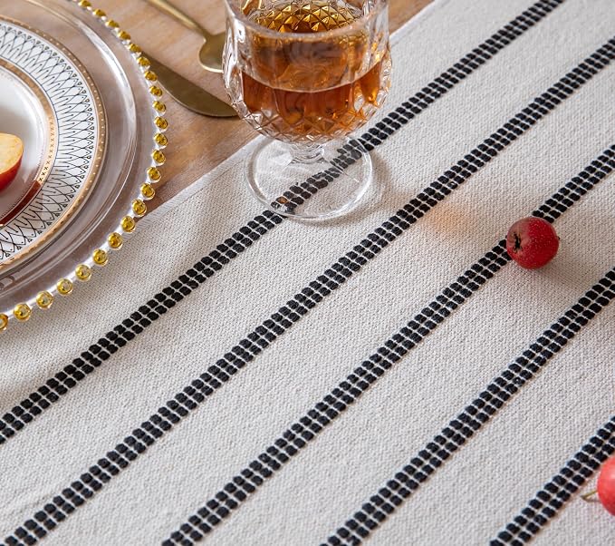 Caflife Boho Table Runner 72 Inchs Long Black and Beige, Cotton and Linen Woven - Image 3