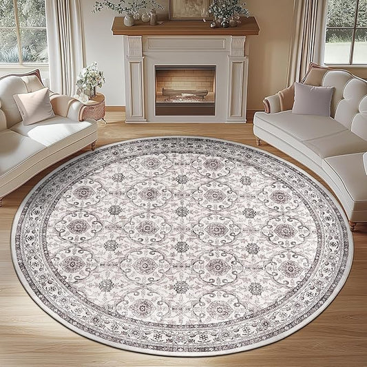 jinchan Round Rug 8ft Washable Circle Soft Rug - Low Pile Vintage 8'Round Indoor Beige Floral Print Stain Resistant Boho Carpet Ultra-Thin Non-Slip for Living Room Bedroom Dining Room Kitchen