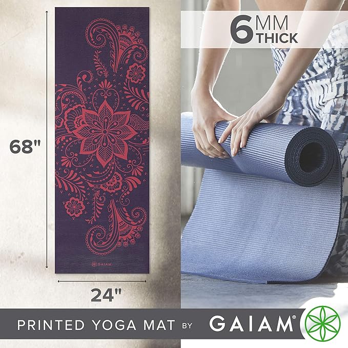 Gaiam Yoga Mat - Premium 6mm Print Extra Thick Non Slip Exercise & Fitness Mat for All Types of Yoga, Pilates & Floor Workouts (68"L x 24"W x 6mm Thick)