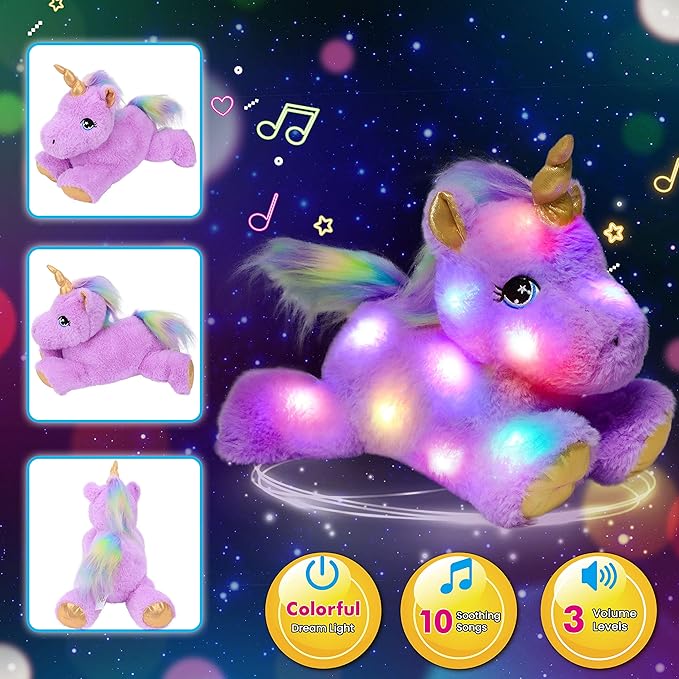 Cuteoy Glowing LED Light-up Purple Unicorn Nightlight Toys Musical Plush Stuffed Animal Singing Lullabies Birthday Christmas Plushies Gifts for Kids Boys Girls,13"