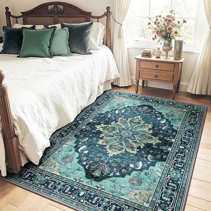 RELEANY Area Rugs 4'x5' Washable Non-Slip, Floral Vintage Distress Medallion by RELEANY