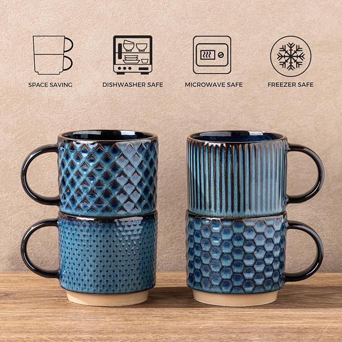 GBhome 12 OZ Stackable Coffee Mugs Set of 4, Ceramic Coffee Cups Set | 4 - Image 6