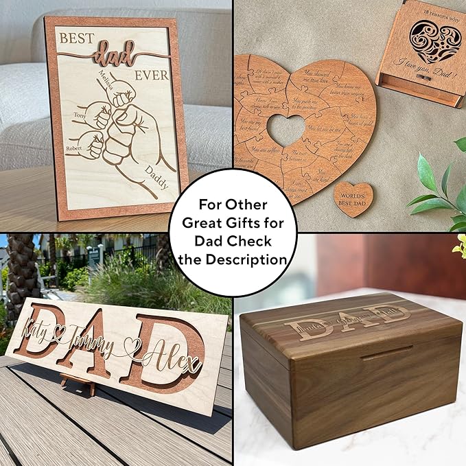 Dad Gifts from Son - Custom Engraved Wooden Box with Kids Names, Unique First Father's Day Gift Ideas, Customized Gifts for Dad for Christmas, Papa Grandpa Gift Fathers Day from Grandkids 11x8x4.75 in