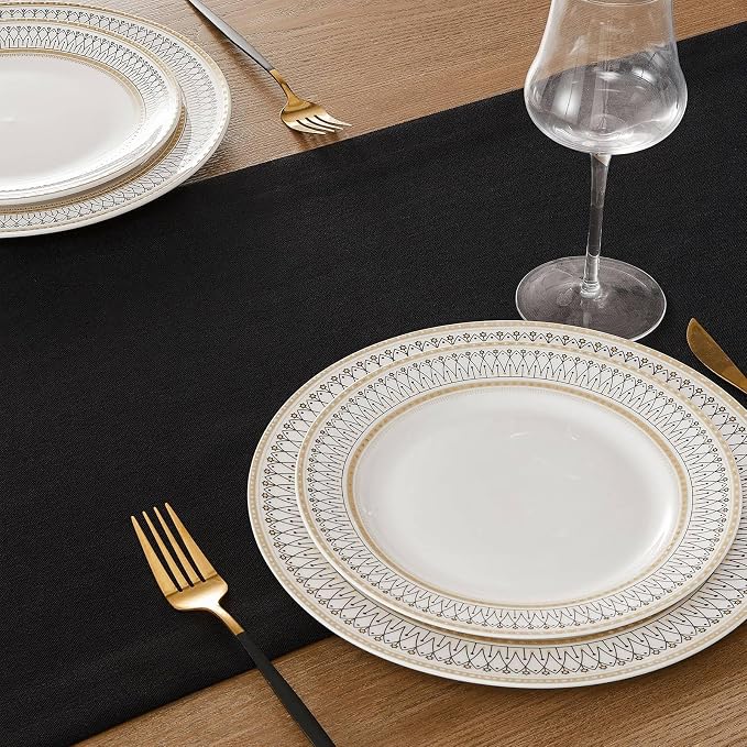 Linen Textured Border Table Runner, 14 x 90 Inch Black | Mitered Corner Design - Image 5