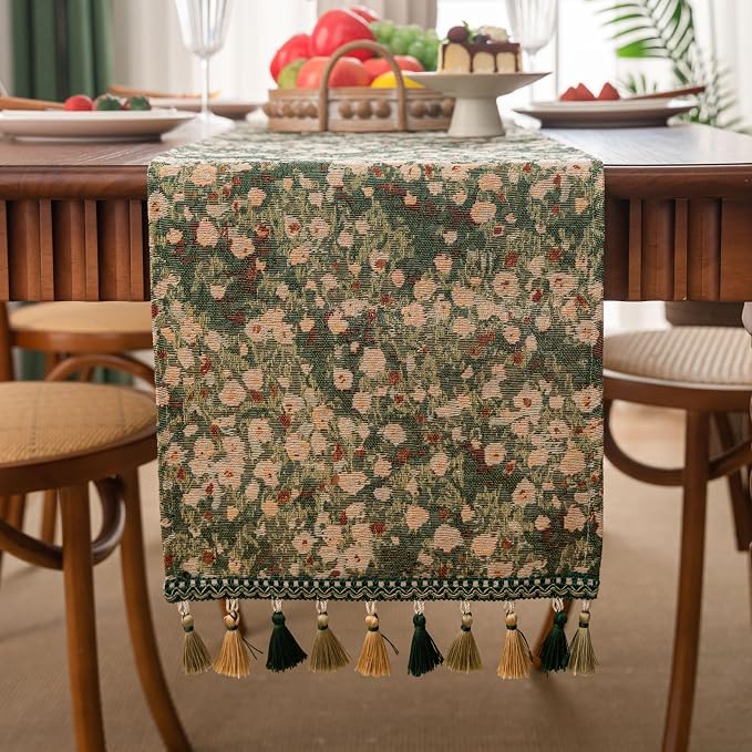 Ditsy Floral Table Runner Small Daisy Green 13 x 48 Inch | Jacquard Weave - Image 2
