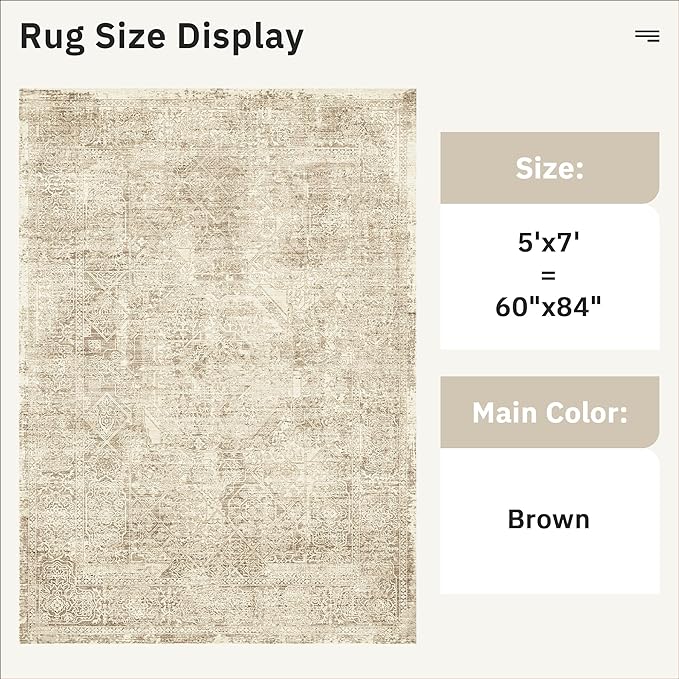 Soalmost 5x7 Area Rugs Brown Low Pile Indoor Washable Trendy Faded Style Floral - Image 5