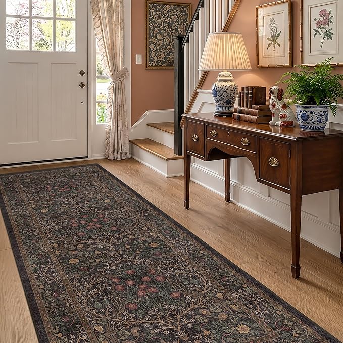 Vintage 8ft Long Runners for Hallways, Washable Dark Brown 3x8 Kitchen Runner by HazoHaus