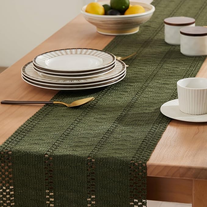 Macrame Style Boho Table Runner, 12x48 Inch Olive | Woven Boho Table Runner - Image 5