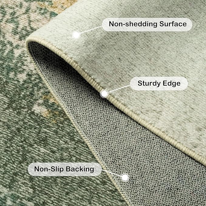 Kelarea Living Room Rug, 4x6 Rug Modern Abstract Washable Rugs Green Faux Wool Vintage Carpets, Non Slip Rugs for Bedroom, Dining Room, College Dorm, Kids Playroom, Home Office