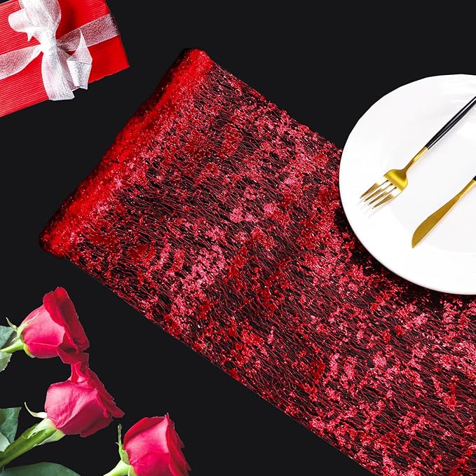Snowkingdom Red Sparkly Table Runner Glitter Sequin Glitter Metallic Foil Mesh - Image 5