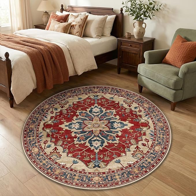 RELEANY Area Rugs Round 4ft Washable Non-Slip, Floral Vintage Distress by RELEANY