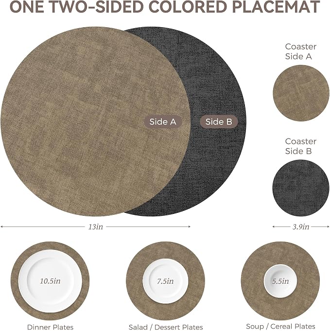 NCUE 13" Faux Leather Round Placemats Set of 4, Reversible Dual-Color | - Image 4