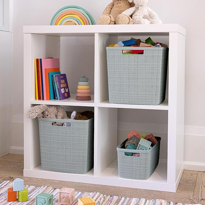 Curver Jute Decorative Plastic Organization and Storage Basket Perfect Bins for Home Office, Closet Shelves, Kitchen Pantry and All Bedroom Essentials, Set of 8 Grey