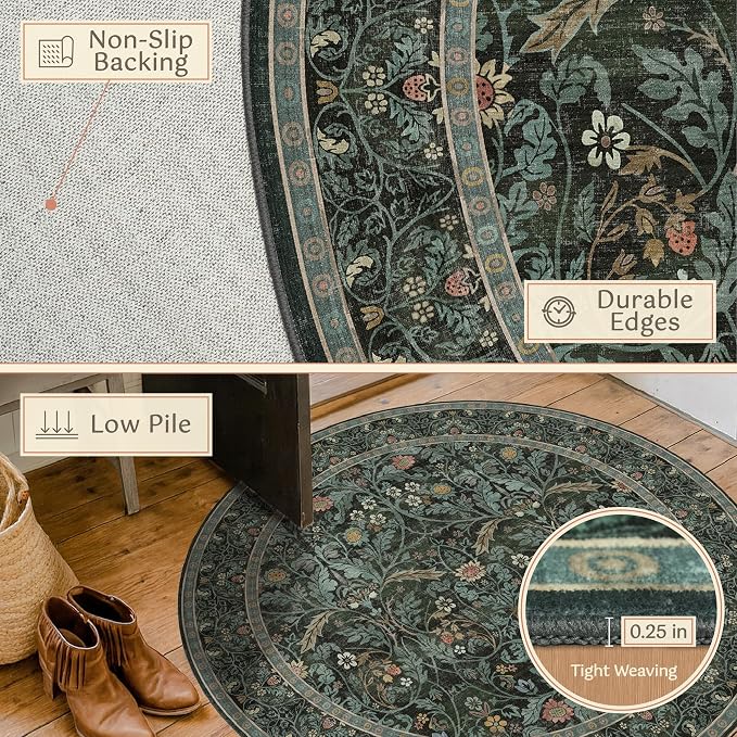 Dark Green 6ft Round Rugs for Living Room, Botanical Floral Washable Circle - Image 5