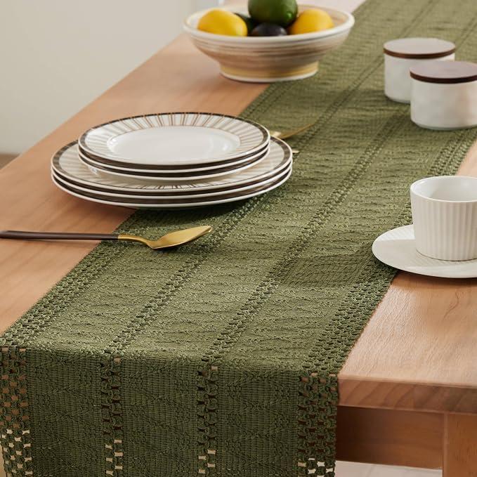 Macrame Style Boho Table Runner, 12x36 Inch Moss | Woven Boho Table Runner - Image 5