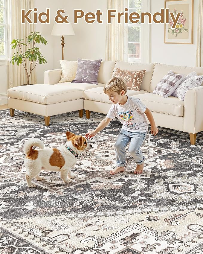 5ft Round Area Rug: Washable Vintage Neutral Soft Non Slip Thin Large Floor - Image 7