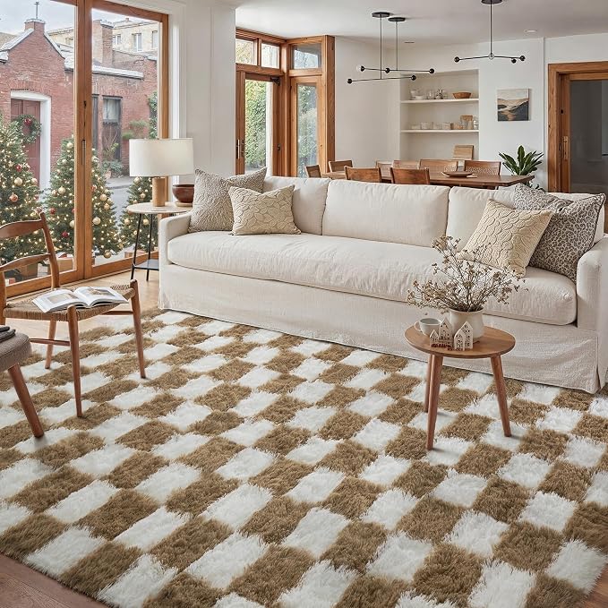 PureCozy 6x9 Area Rugs for Living Room Brown Soft Shag Checkered Large Rug by PureCozy