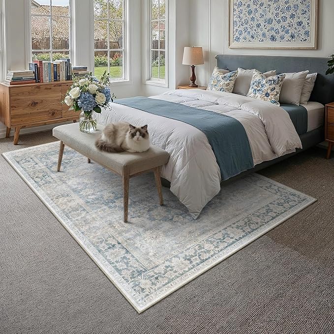 6x9 Washable Neutral Area Rug Blue Vintage Living Room Bedroom Carpet Non-Slip - Image 3