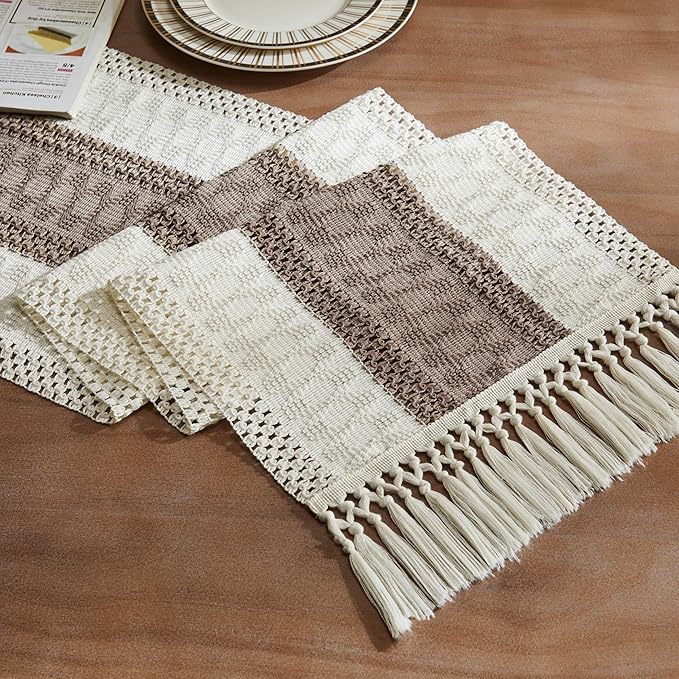 Macrame Style Bicolor Stitching Table Runner 14x48in Cocoa Brown | Woven Boho by ZEEMARTONLINE