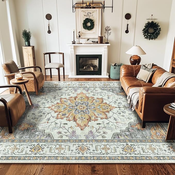 RELEANY Area Rugs 5'x7' Washable Non-Slip, Floral Vintage Distress Medallion by RELEANY