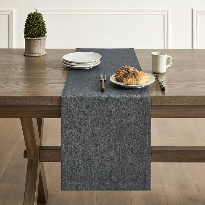 Basic Linen Style Table Runner, 14x60 Inch Charcoal | Mitered Corner Design - Image 2