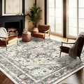 CHAMPLANT Washable Area Rug 10'x14' Cyan Khaki Retro Flowers Boho Design by CHAMPLANT