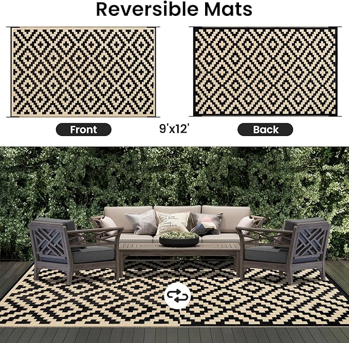 Smiry Waterproof Outdoor Rug 9x12 ft, Reversible Plastic Straw Patio Camping - Image 3