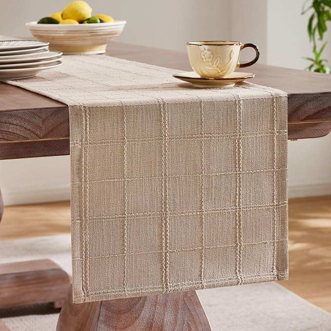 Linen Checked Farmhouse Table Runner, 13x72 Inches Taupe | Raised Grid Design - Image 4