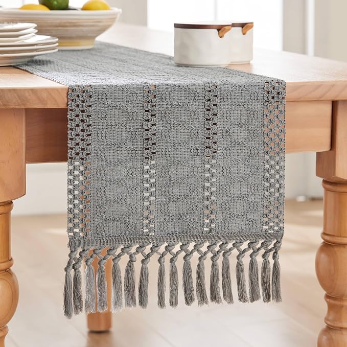 Macrame Style Boho Table Runner, 12x36 Inch Grey | Woven Boho Table Runner - Image 7
