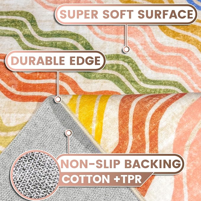 Washable 5x7 Sun Area Rug for Living Room, Rainbow Sun Modern Retro Large Area - Image 3
