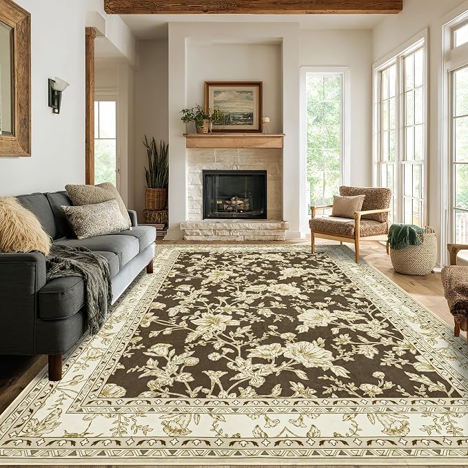 Brown Floral Area Rugs 6x9 Living Room, Vintage Modern Farmhouse Boho Indoor by BILEEHOME