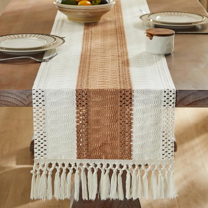 Macrame Style Bicolor Stitching Table Runner 14x60in Caramel | Woven Boho Table - Image 3