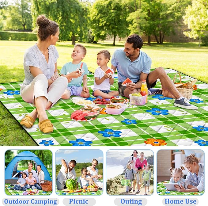 Extra Large Picnic Blanket Waterproof,80"x 80"Foldable Machine Washable Beach Blanket,Outdoor Blanket for 6-8 Adults,Suitable for Indoor Crawling,Park Beach,Camping,Hiking,Family Travel(Green)