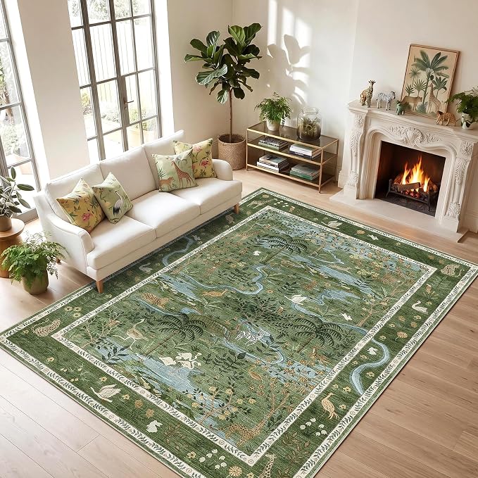 Washable Area Rug 5x7 Green Animal Print Rugs - Image 9